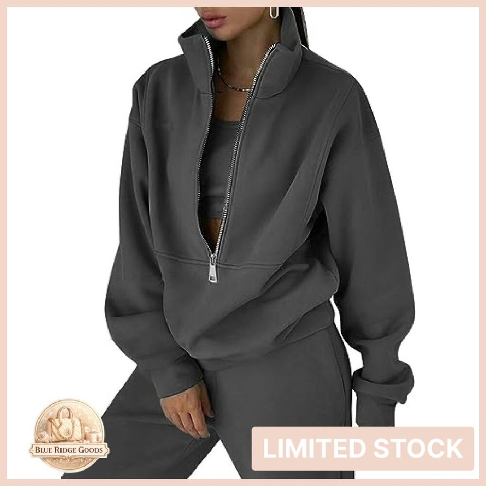 Fleece Half Zip Pullover Lounge Set Oversized Comfy Y2K Chic Sweatsuit - Picture 2 of 8